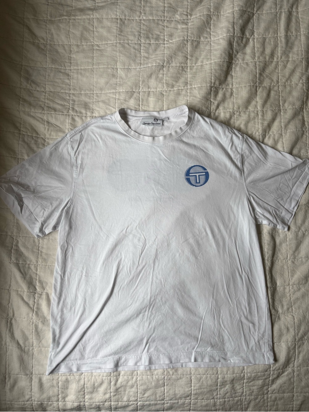 Sergio Tacchini 100% Cotton White Tee with Blue Gradient Logo Men’s Large
